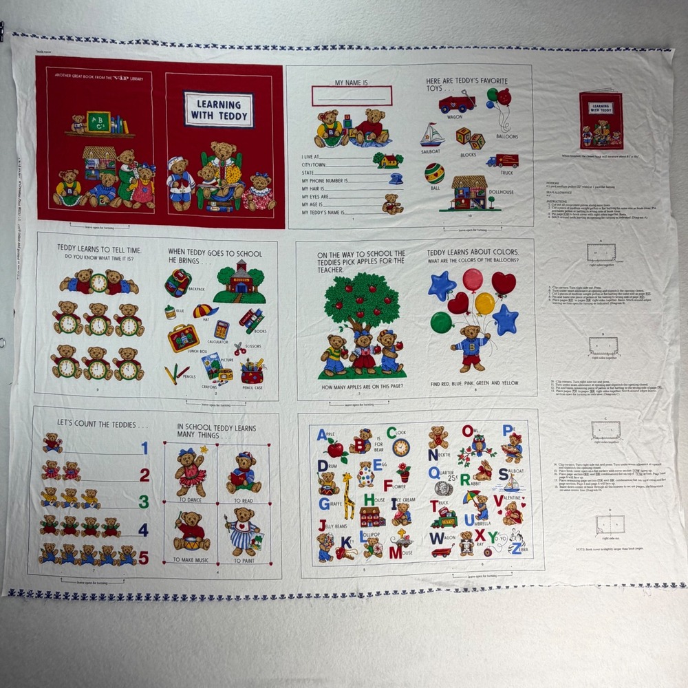 VTG Cranston Print Learning W/Teddy Soft Book Fabric Panel Cut & Sew - PreWashed